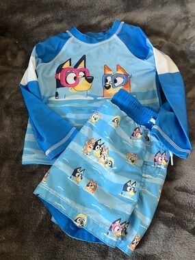 Blue Kids Rashguard Set with Cartoon Dogs